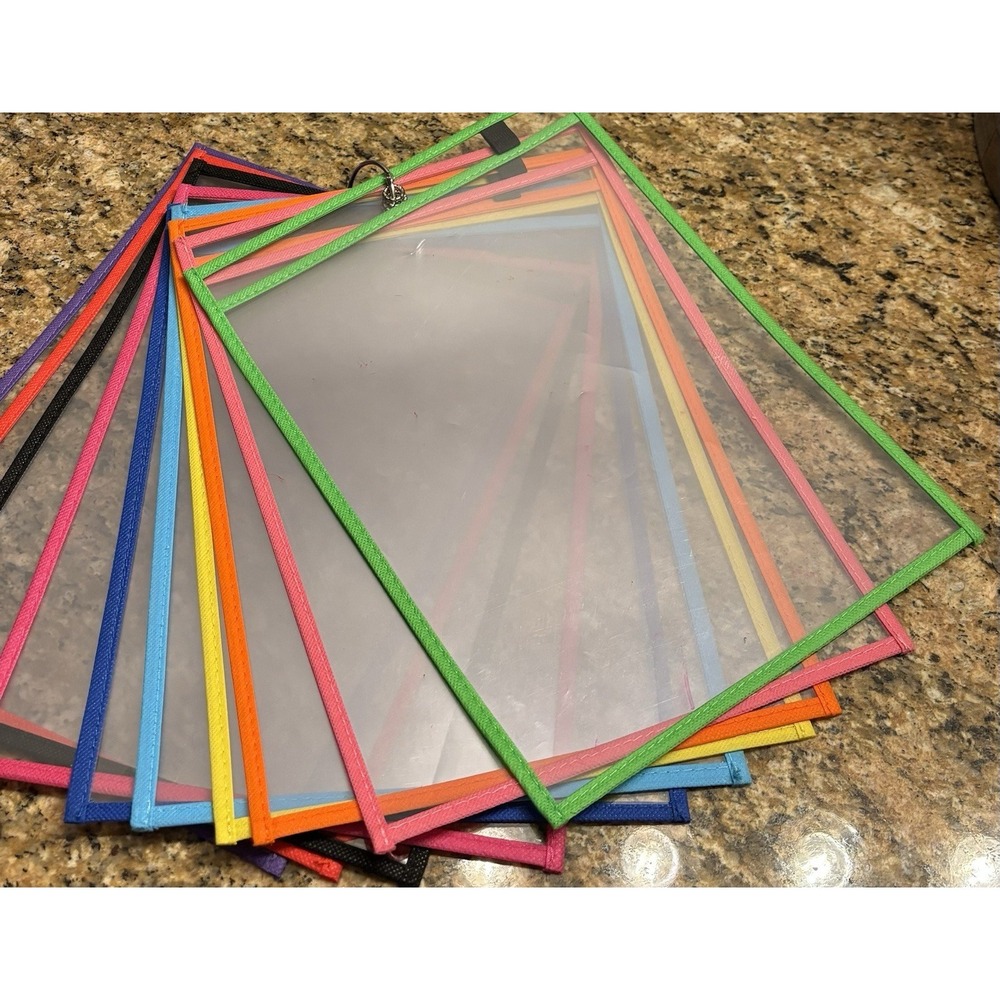 10 Colors Dry Erase Pockets Pack - Reusable Clear Plastic Sleeves Pre-Owned
